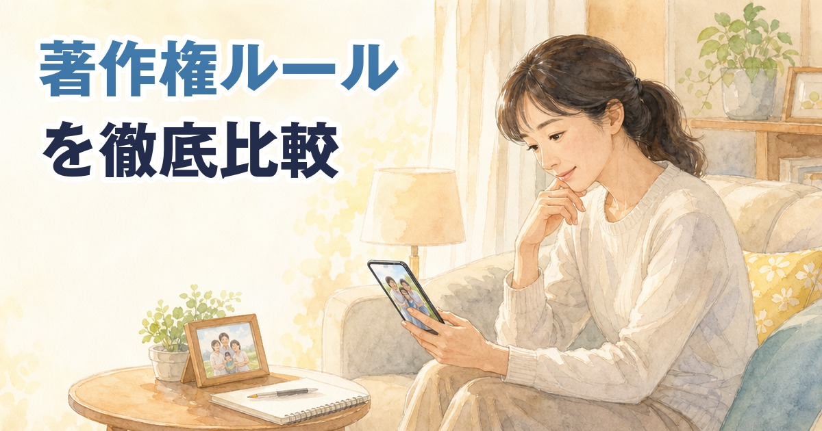 fotowaとOurPhotoの著作権・SNS投稿ルールの違いを比較するイメージ